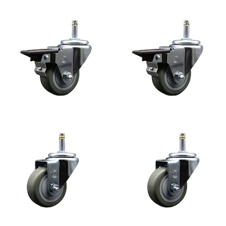 Service Caster 3'' Gray Poly Wheel Swivel 7/16'' Grip Ring Stem Caster Set 2 Brakes, 4PK SCC-GR20S314-PPUB-PLB-716138-2-S-2
